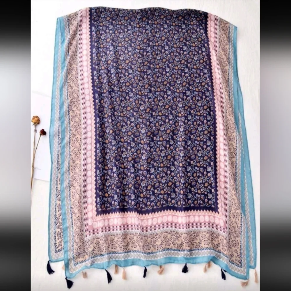 Boho Floral Geometric Patterned Spring Summer Lightweight Scarf Cotton Blend